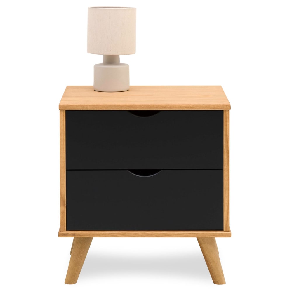 Table de chevet 2 tiroirs en pin massif, noir/naturel
