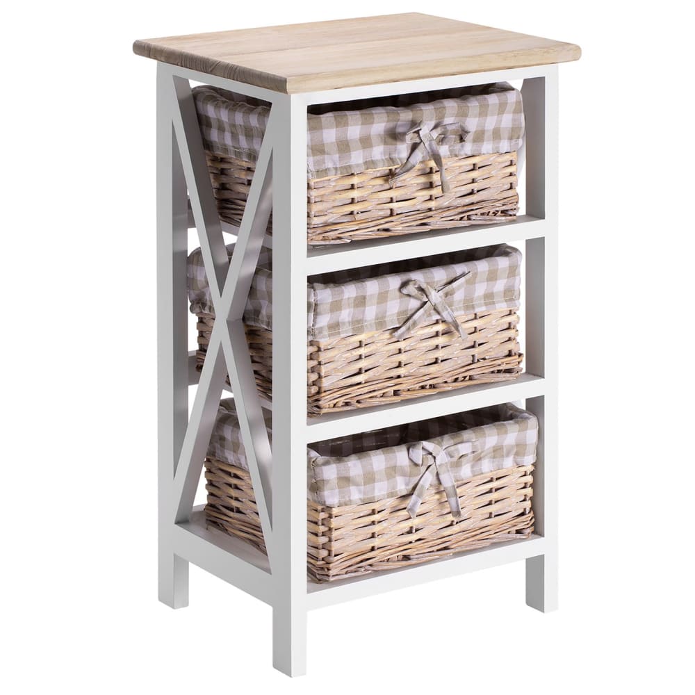 Table de chevet 3 paniers avec tissu, en bois, blanc/brun