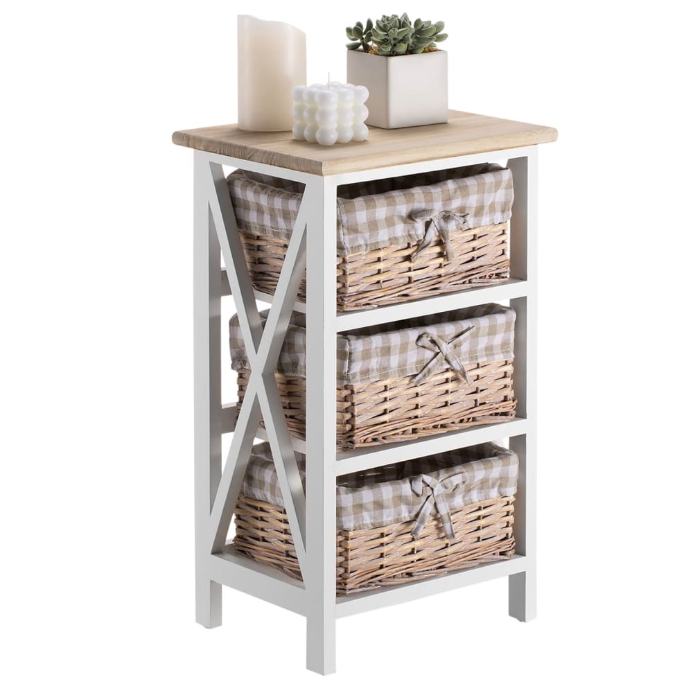 Table de chevet 3 paniers avec tissu, en bois, blanc/brun - Maisons du Monde