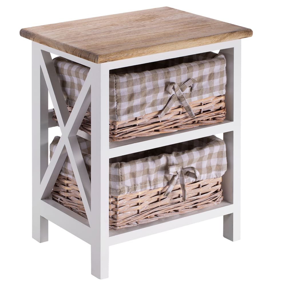 Table de chevet 2 paniers avec tissu, en bois, blanc/brun
