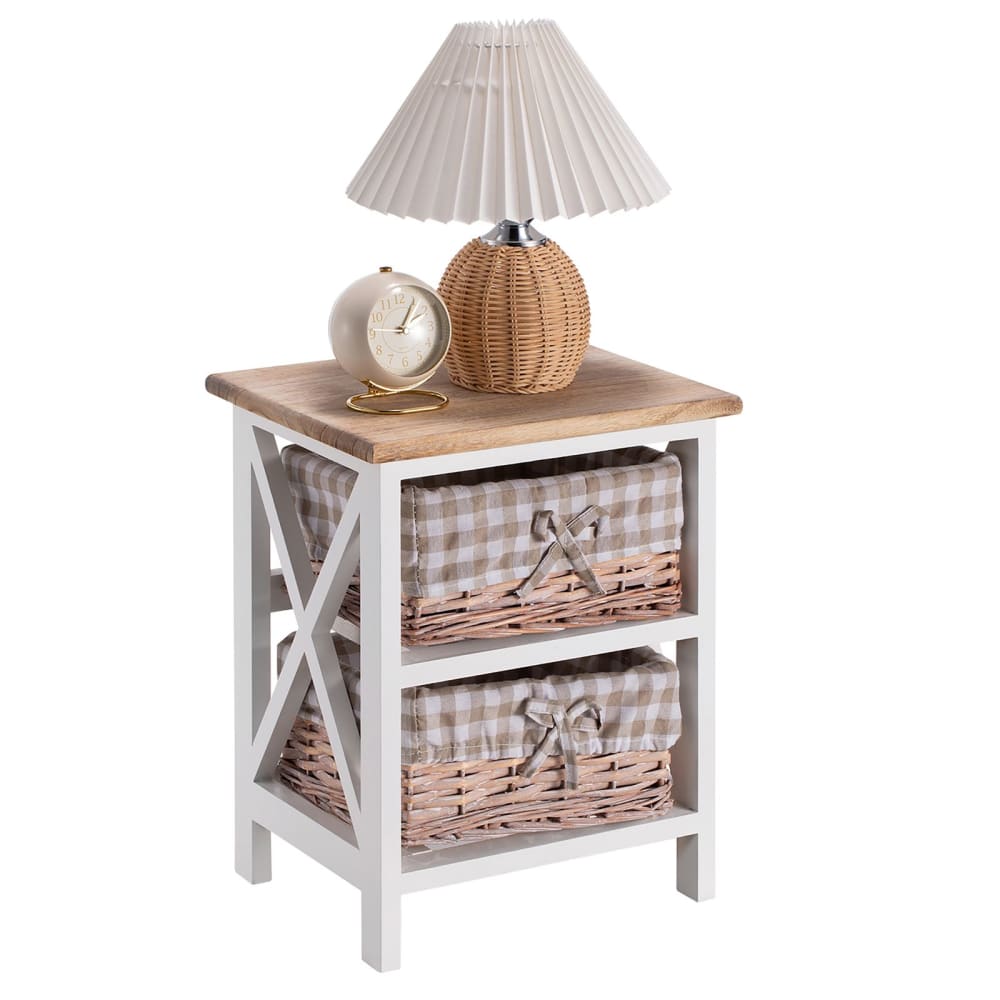 Table de chevet 2 paniers avec tissu, en bois, blanc/brun - Maisons du Monde
