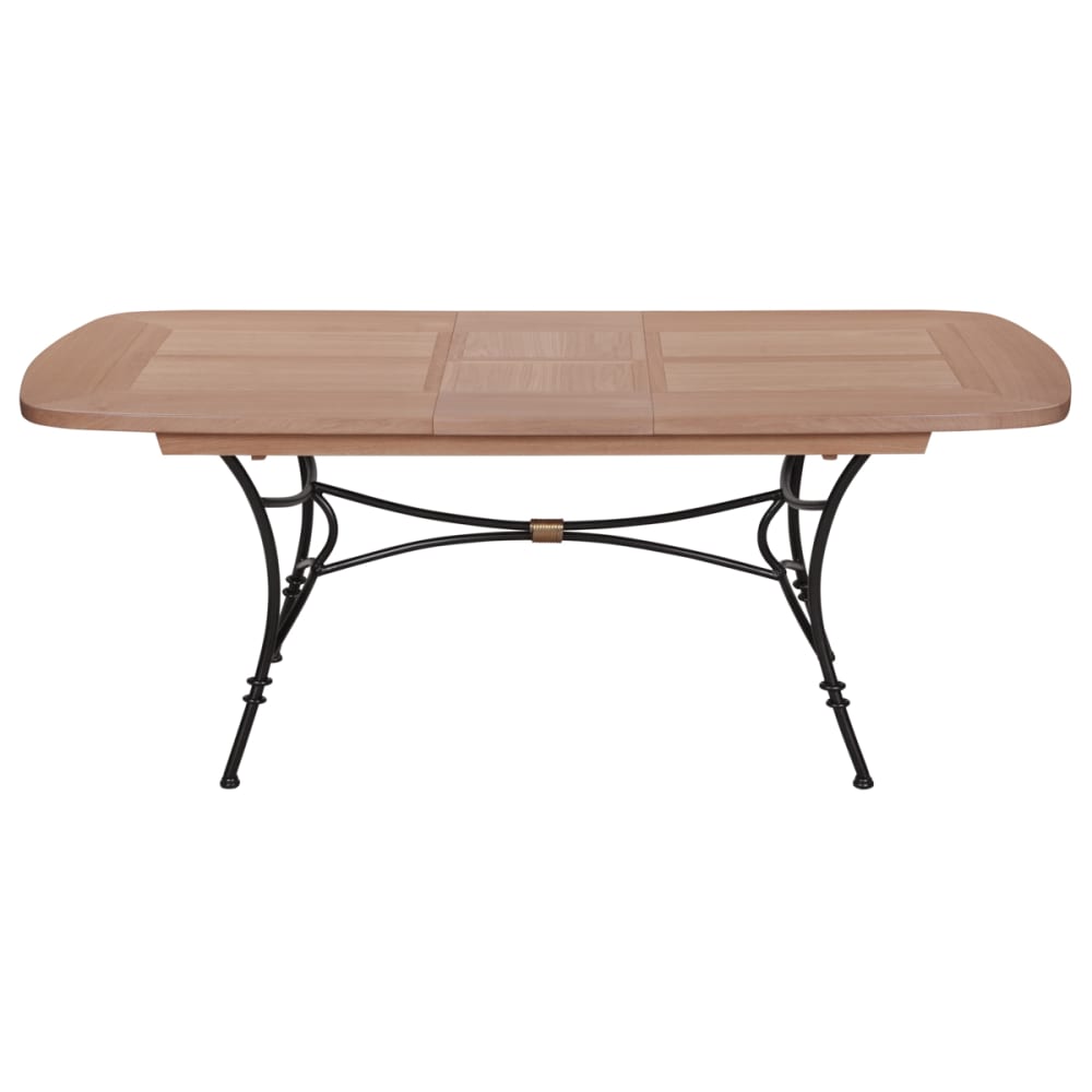 Table ovale fer forgé 190 cm 2 rallonges, plateau chêne