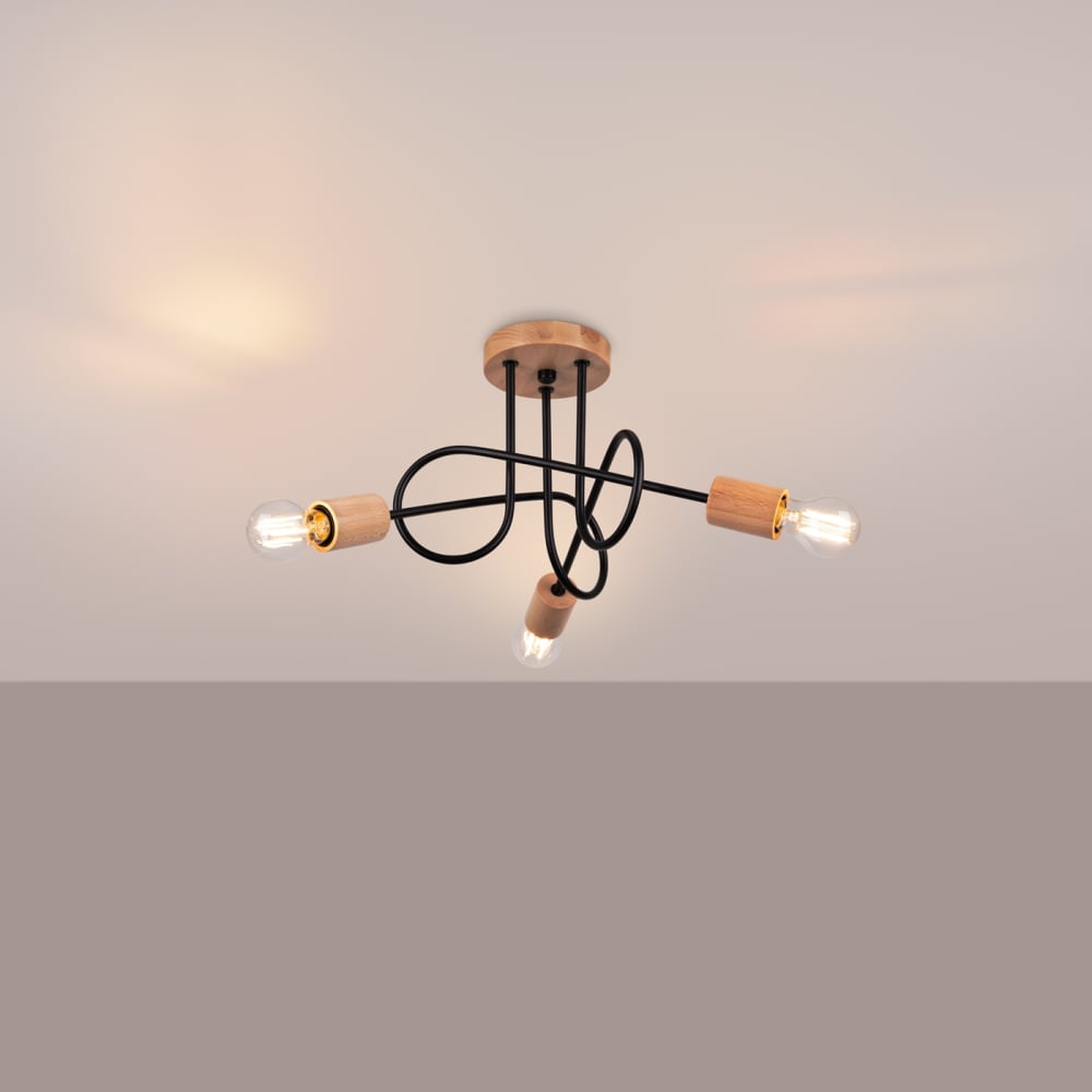 Lustre Acier Noir/Bois Naturel E27 3 Ember — vue 4
