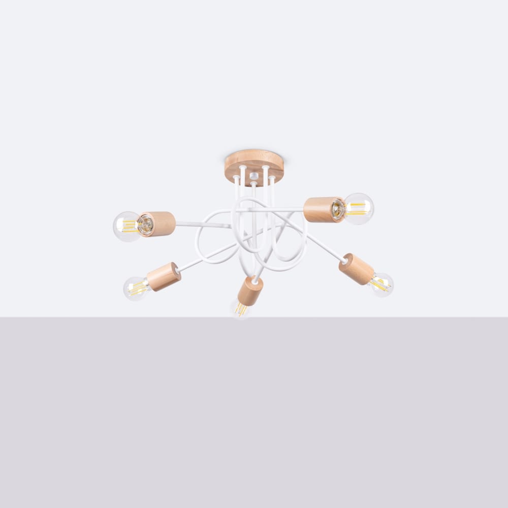 Lustre Acier Blanc/Bois Naturel E27 5 Ember — vue 3