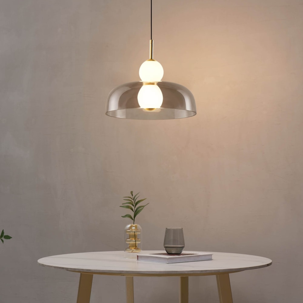 Suspension en verre Gris fumé, laiton et blanc 33.5 cm