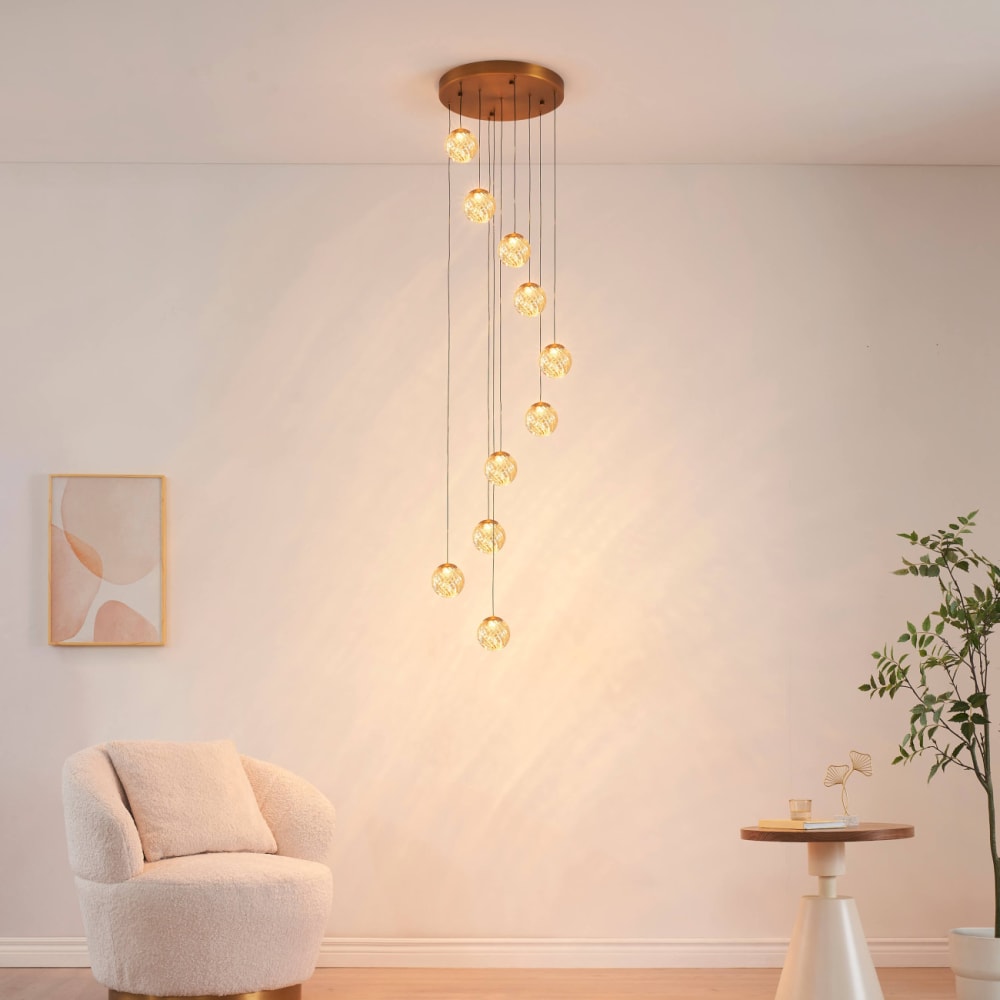 Hängeleuchte aus Metall und Glas 345 cm, Bernstein und Gold -