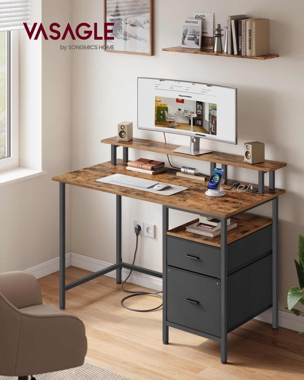 Bureau avec multiprise 2 ports usb 120 x 60 x 90 cm marron