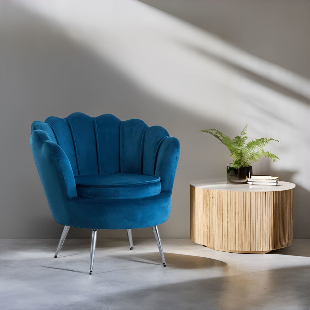 Fauteuil relax coquillage velours bleu/argent