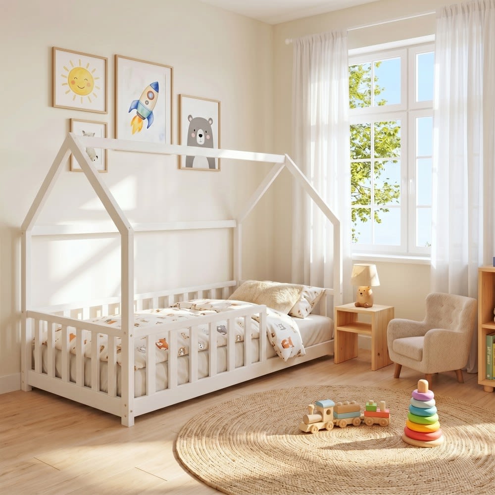 Lit cabane avec sommier et matelas, blanc, 90x190 cm (Weber industries) - Image 1