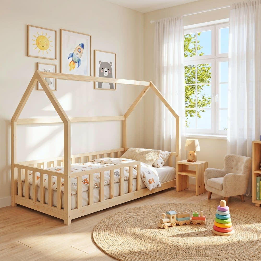 Lit cabane avec sommier et matelas, bois clair, 90x190 cm (Weber industries) - Image 1