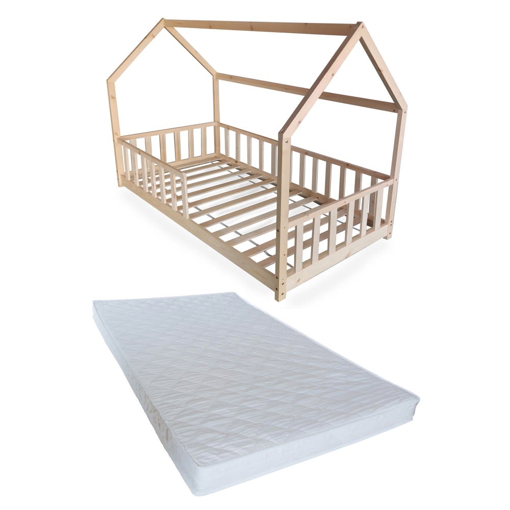 Lit cabane avec sommier et matelas, bois clair, 90x190 cm (Weber industries) - Image 2