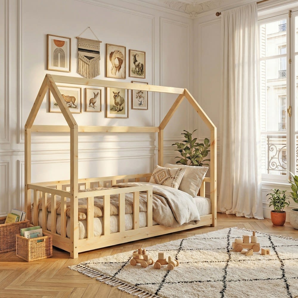 Lit cabane avec sommier en bois clair 70x140 cm (Weber industries) - Image 1