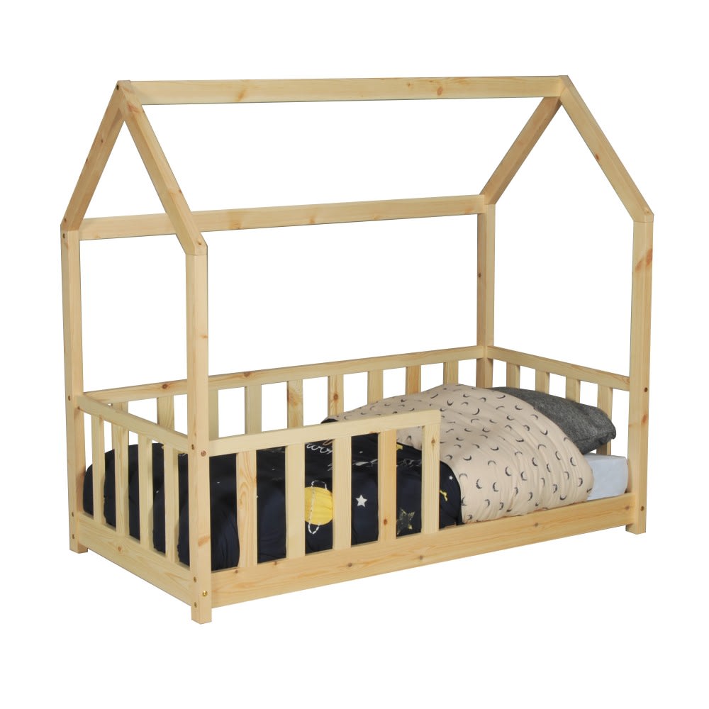 Lit cabane avec sommier et matelas, bois clair, 70x140 cm