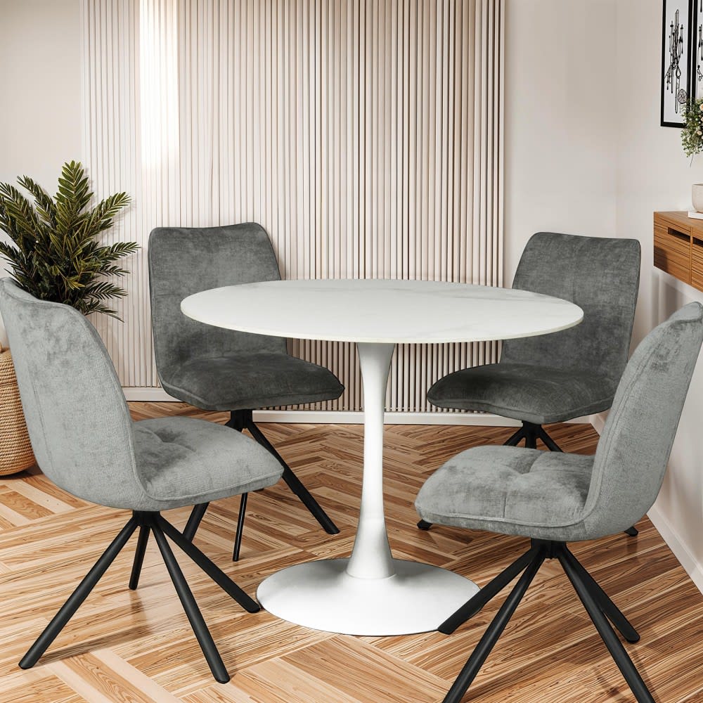 Table ronde 4 pers. Pied métal et plateau pierre sintérisée, blanc