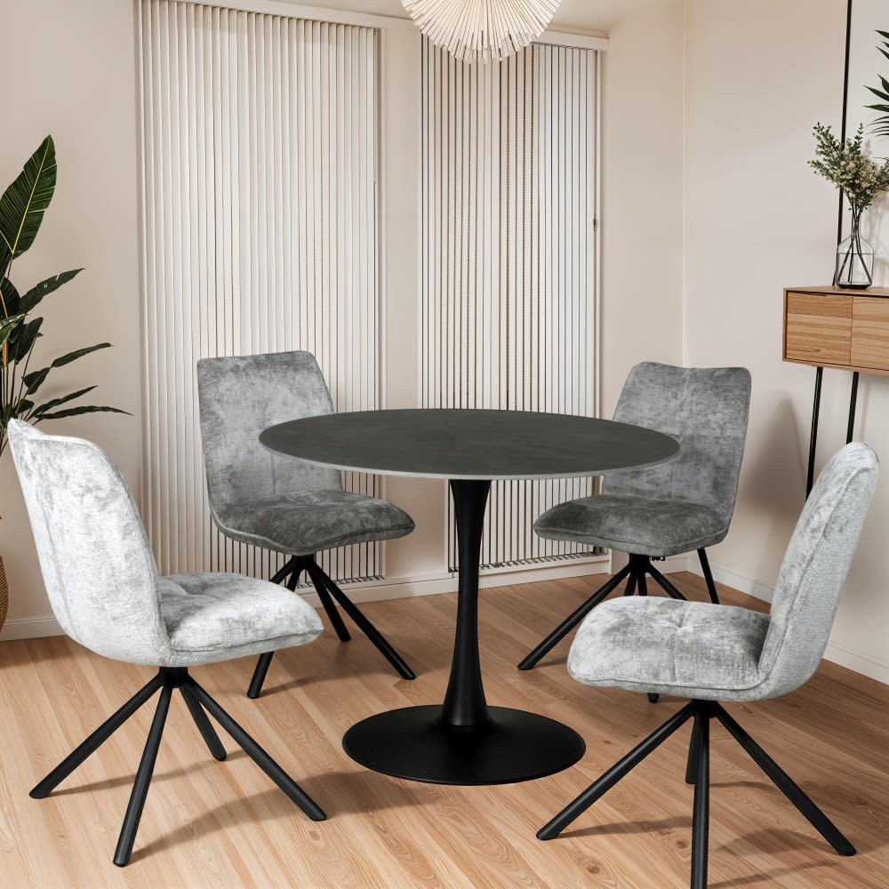 Table ronde, pied métal et plateau en pierre sintérisée, noir
