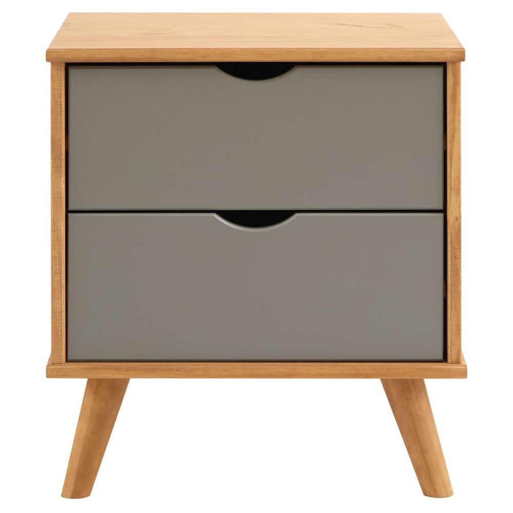 Table de chevet 2 tiroirs en pin massif, gris/naturel