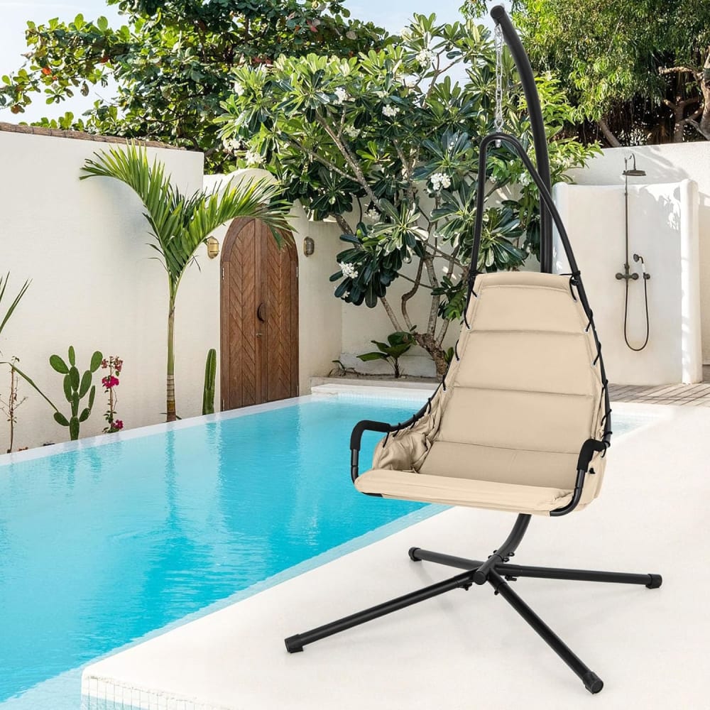 Chaise suspendue avec coussins et supports métalliques