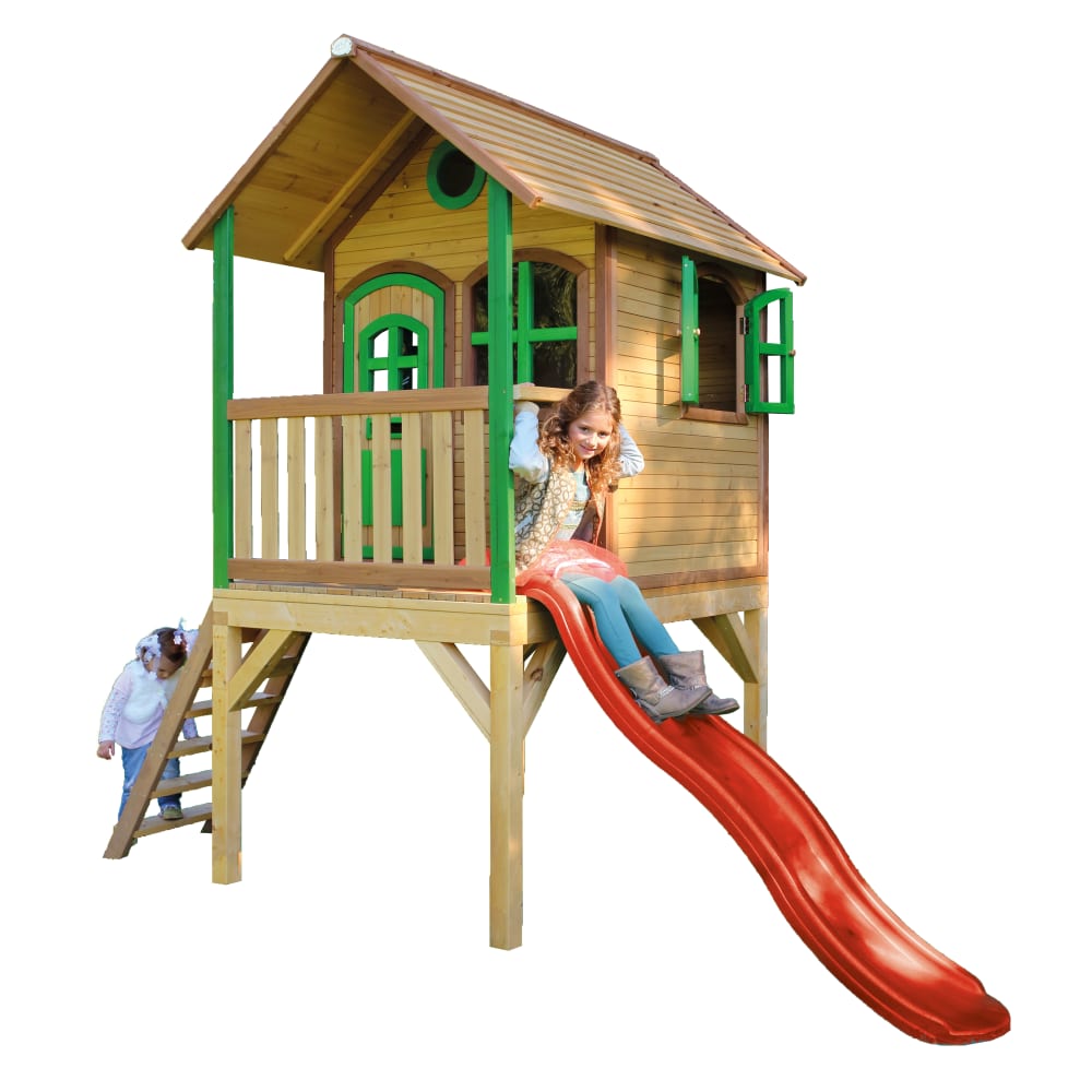 Maisonnette enfant avec toboggan rouge, Bois FSC, marron/vert