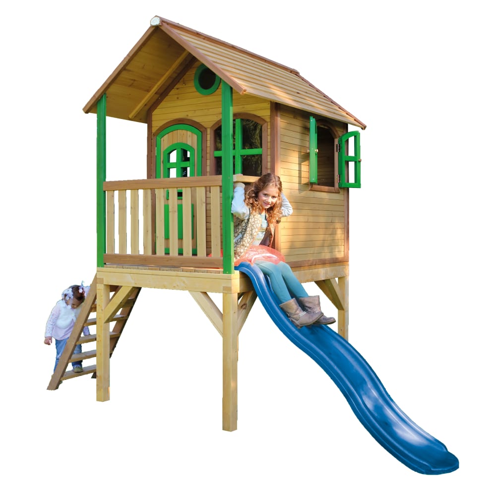 Spielhaus aus FSC Holz mit blaue Rutsche, braun/grün - Maisons Du