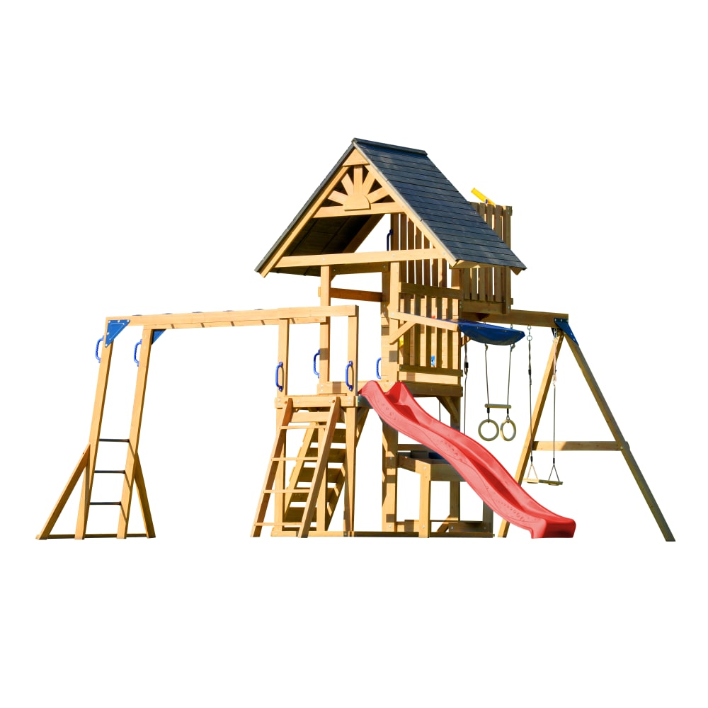 Aire de jeux avec double balançoire, toboggan rouge, trapèze