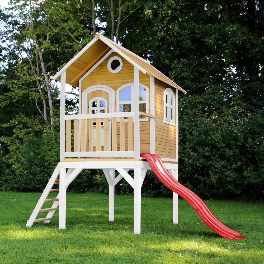 Maisonnette enfant avec toboggan rouge, Bois FSC, marron/blanc