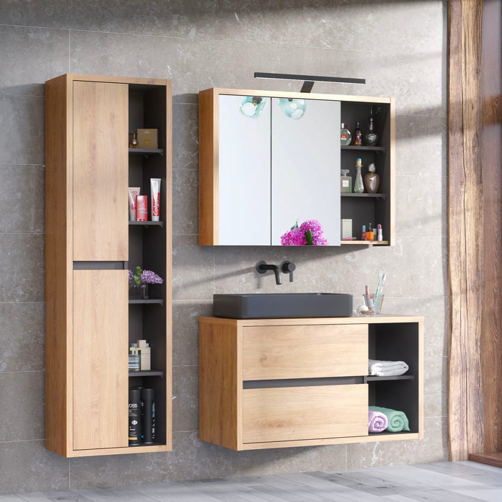 Set aus Einzelwaschtisch 100cm Säule Melamin Holz und Anthrazit -