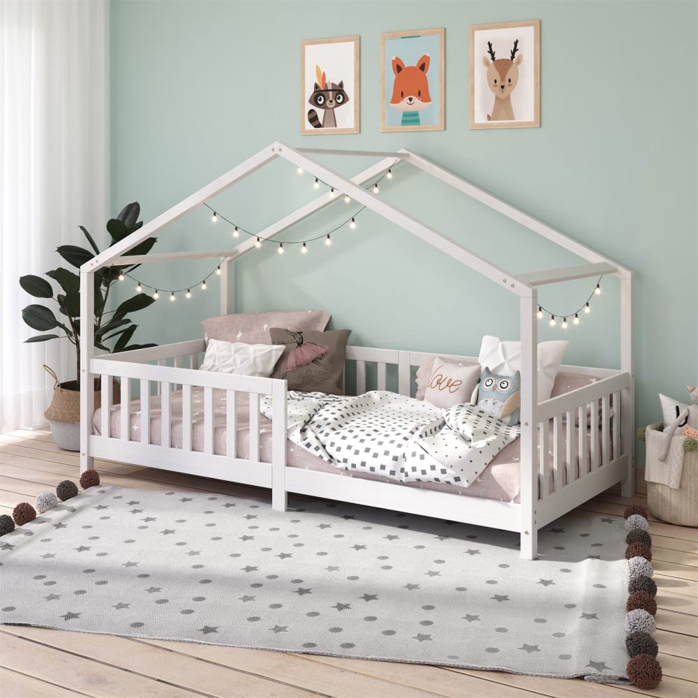 Lit cabane enfant montessori en bois massif blanc, 90 x 190 cm - Maisons du Monde