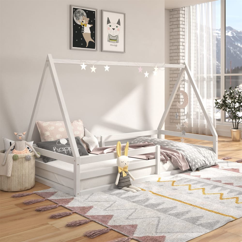 Lit cabane enfant montessori au sol en bois massif blanc, 90 x 190 cm - Maisons du Monde