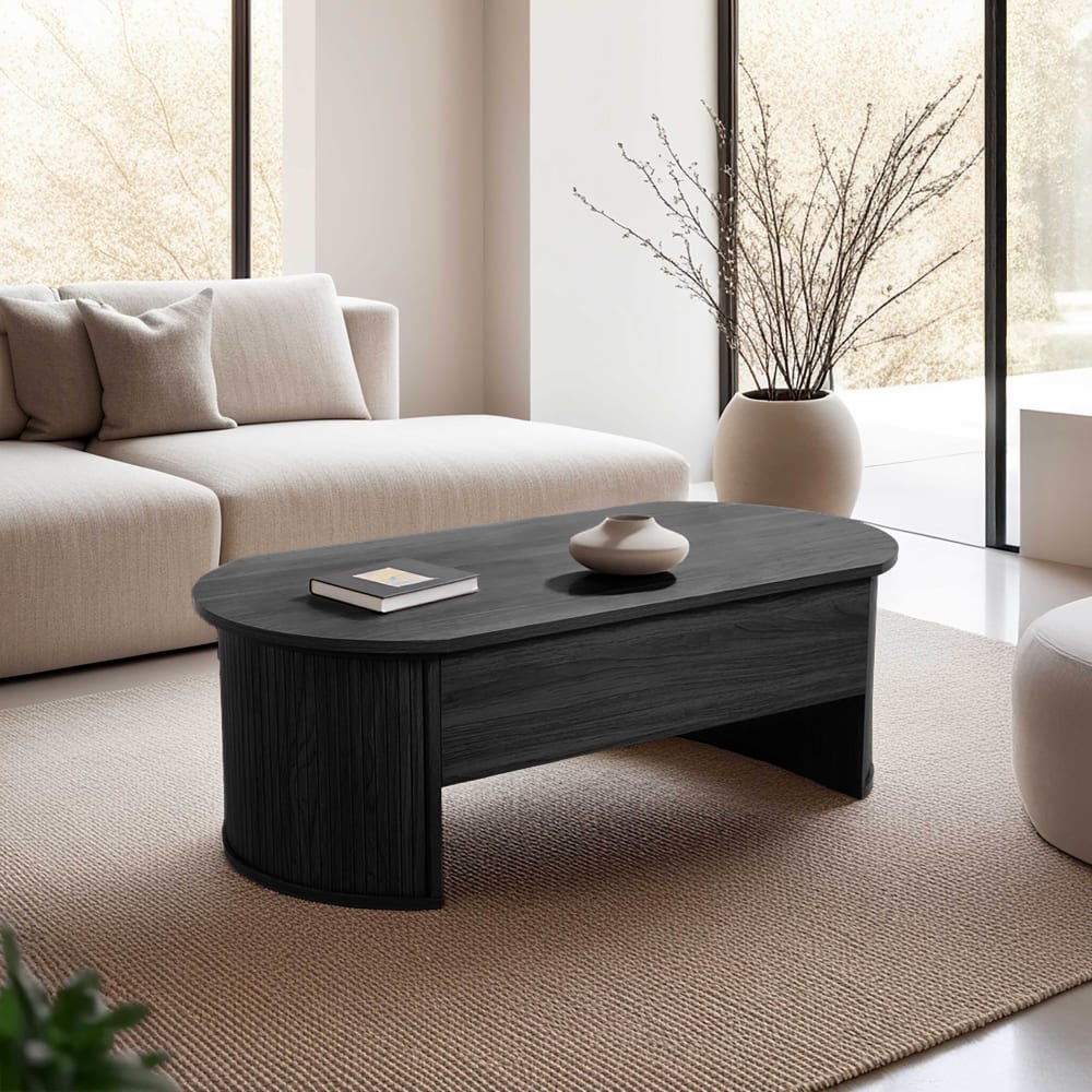 Table basse ovale avec plateau relevable effet bois noir