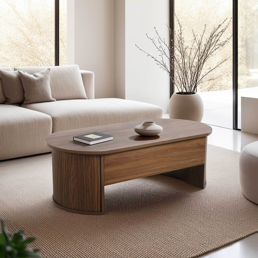 Table basse ovale avec plateau relevable effet bois foncé