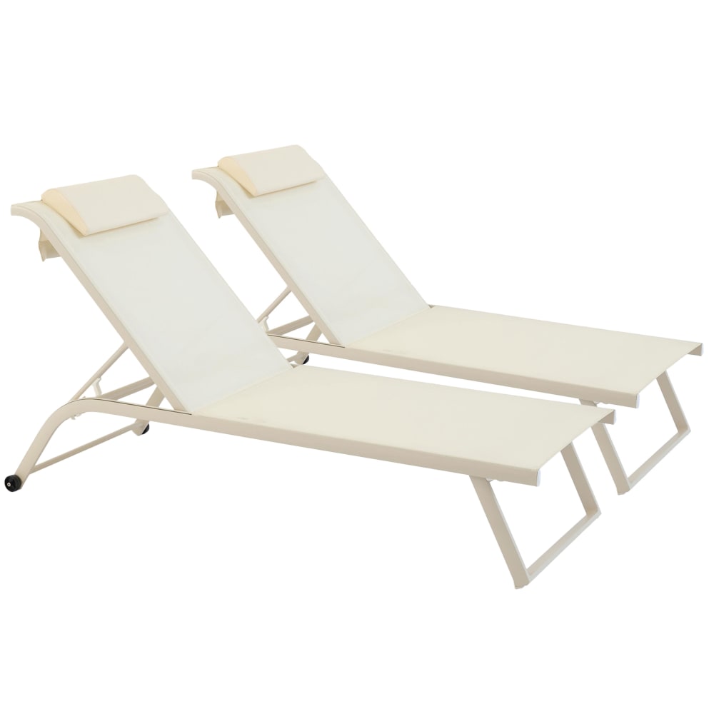 Lot de 2 bains de soleil inclinable avec roues ivoire