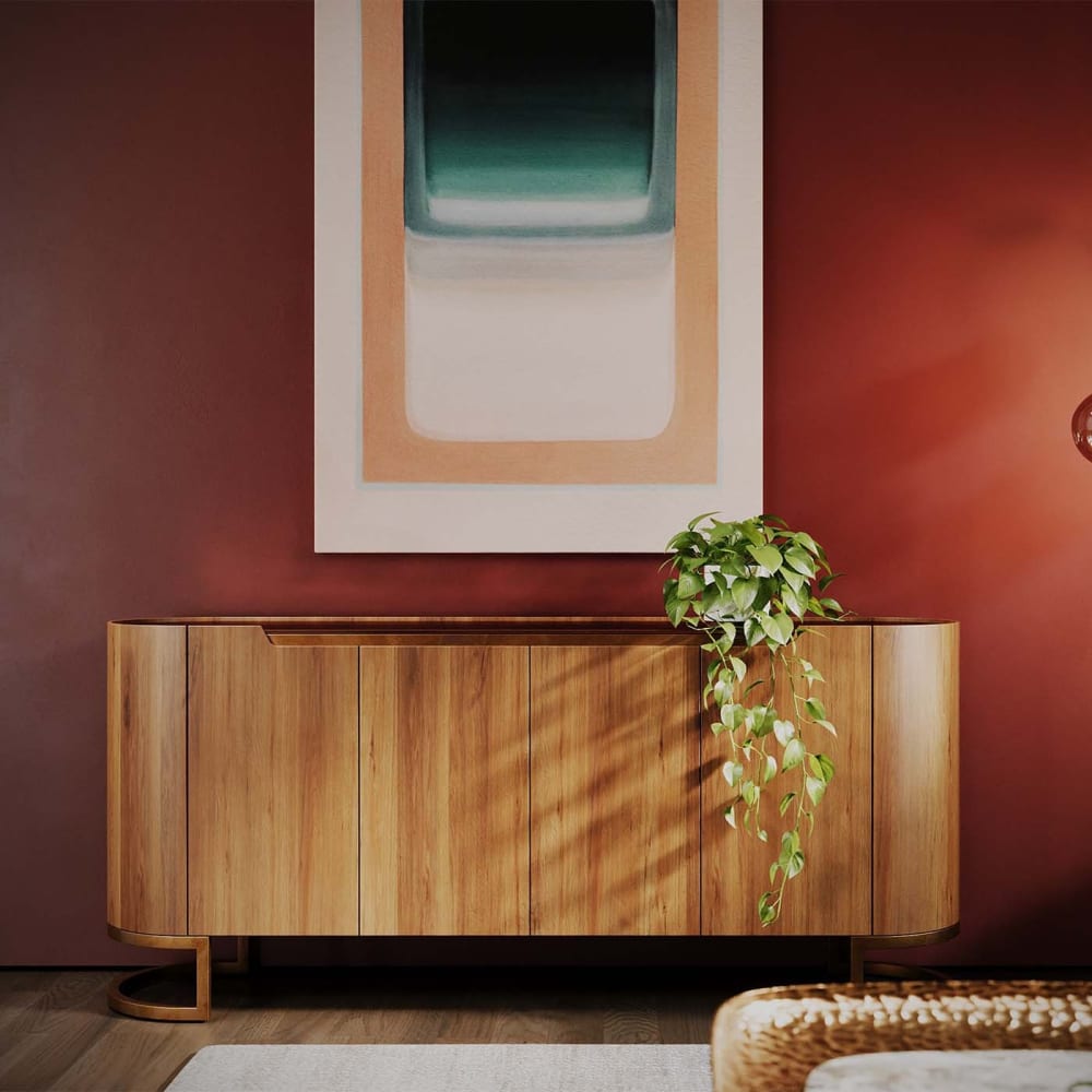 Sideboard mit 4 Türen aus Walnuss-Holz und Edelstahl, braun -