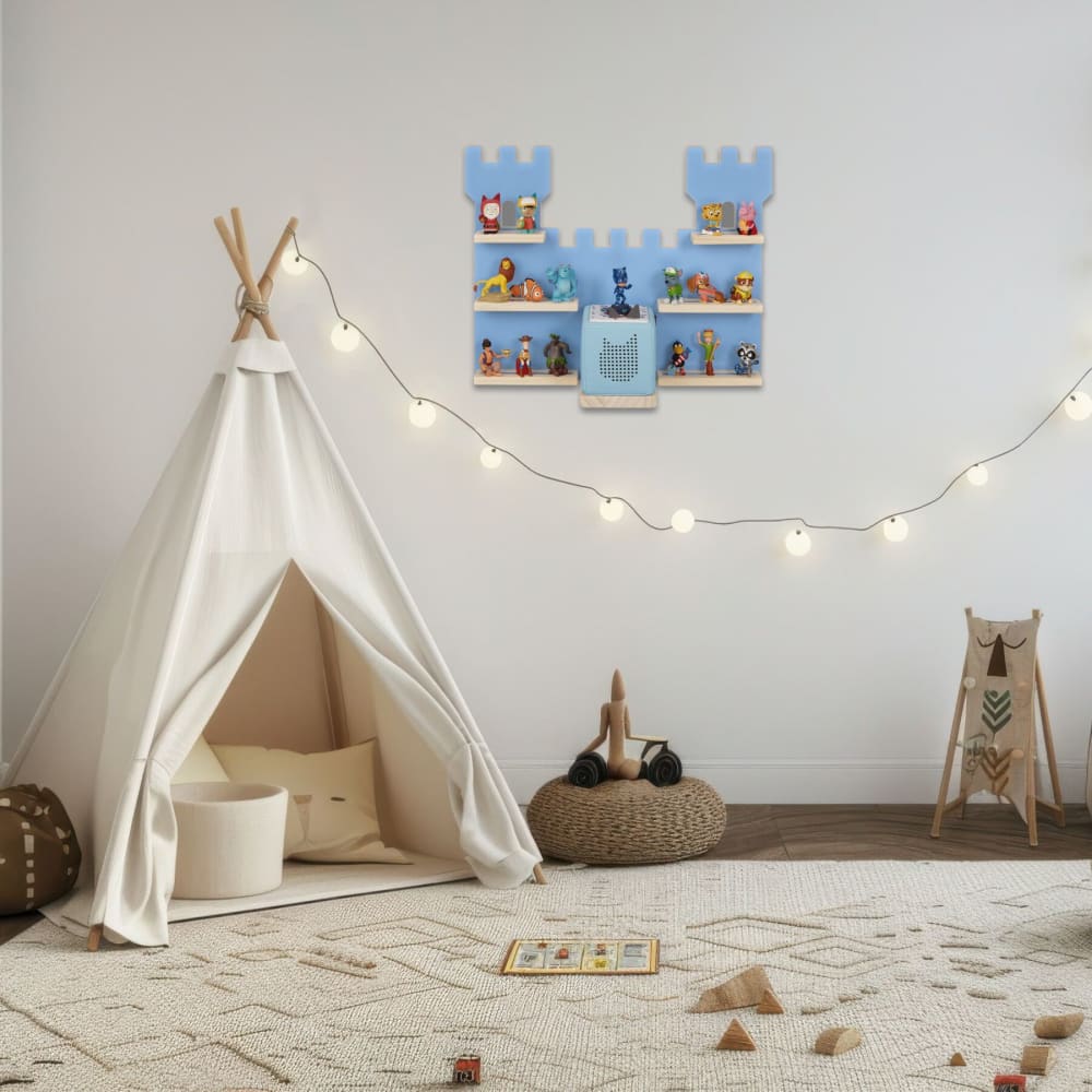 Étagère murale, panneau mdf, bois massif, design château, bleu