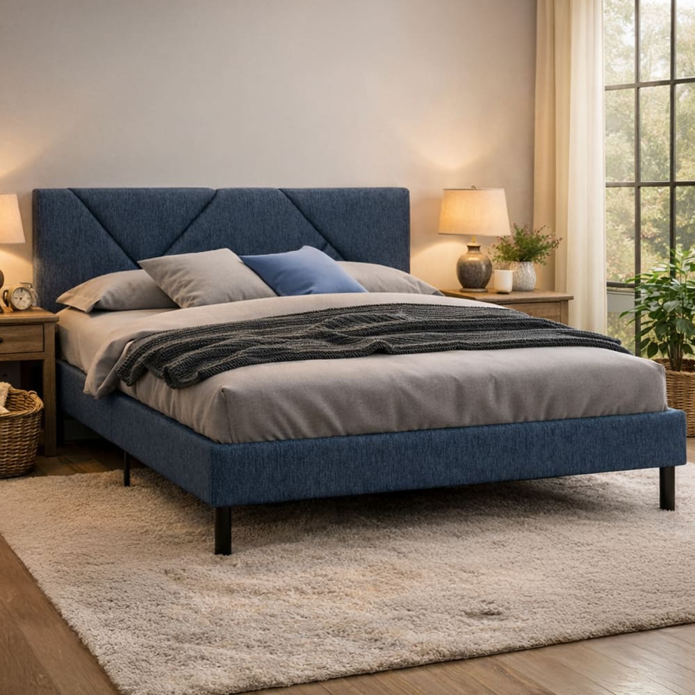 Bett, Doppelbett aus blauem Stoff - Maisons Du Monde