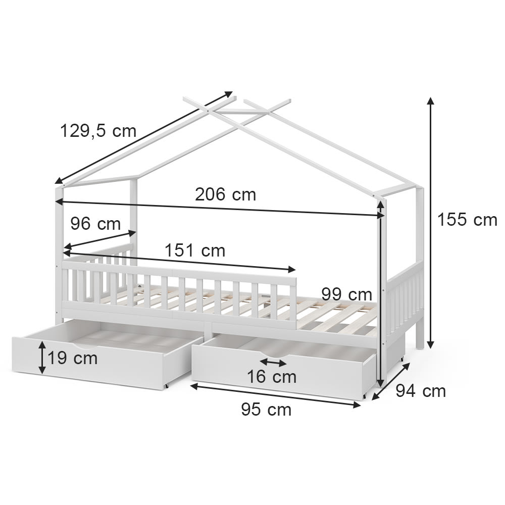Lit cabane avec 2 tiroirs et matelas, blanc 206 x 155cm - Maisons du Monde