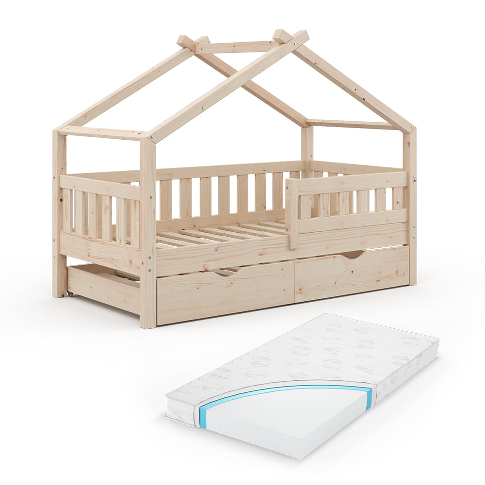 Lit cabane avec lit dappoint et matelas Naturel bois 167.6x133.6cm