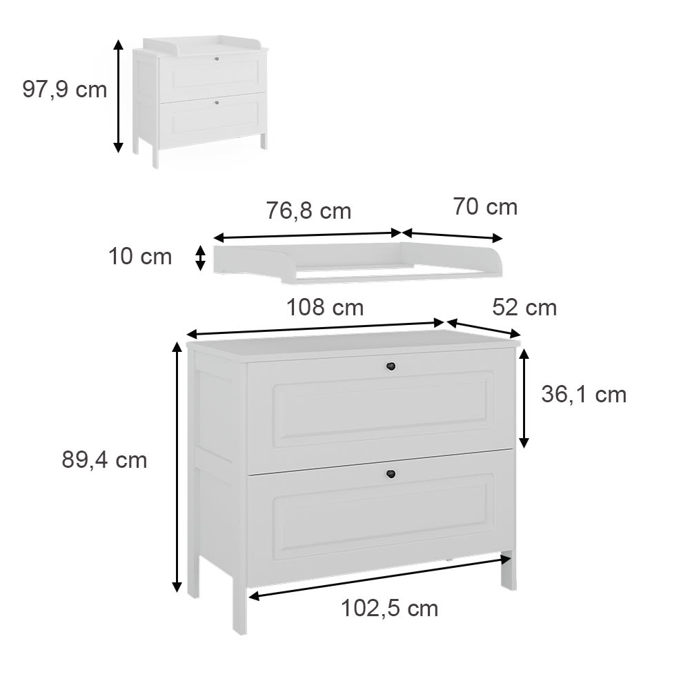 Wickelkommode mit 2 Schubladen, Weiß 108 x 98cm - Maisons Du
