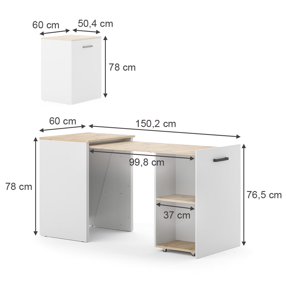 Schreibtisch ausziehbar, Greige/Artisan-Eiche 60 x 78cm - Maisons
