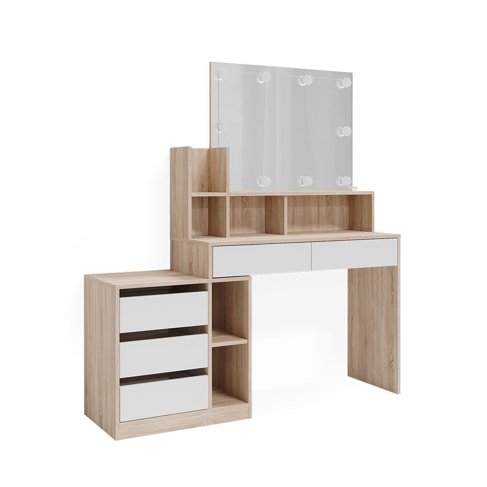 Vicco Schminktisch mit LED Beleuchtung, Weiß/Sonoma 139.8 x 115cm style modern Weiß Spanplatte