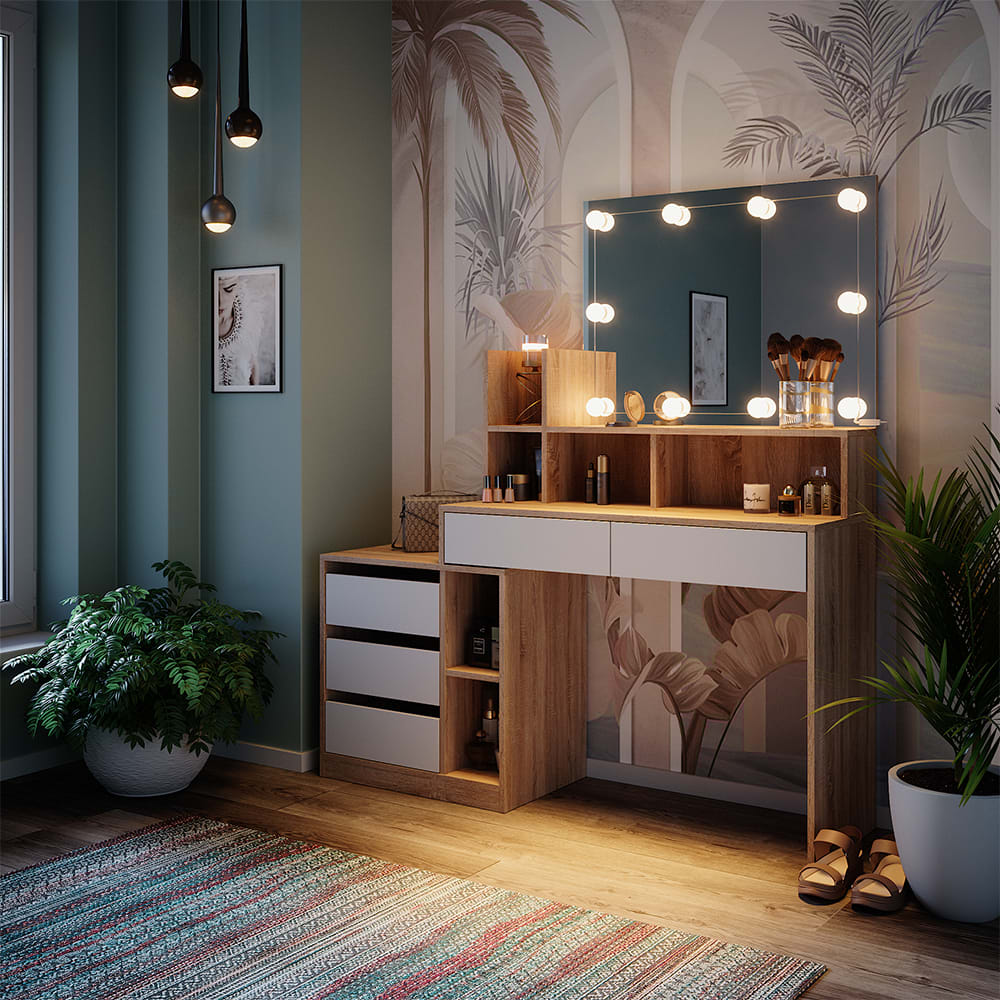 Coiffeuse avec miroir et guirlande led blanc/sonoma 139.8x115cm - Maisons du Monde