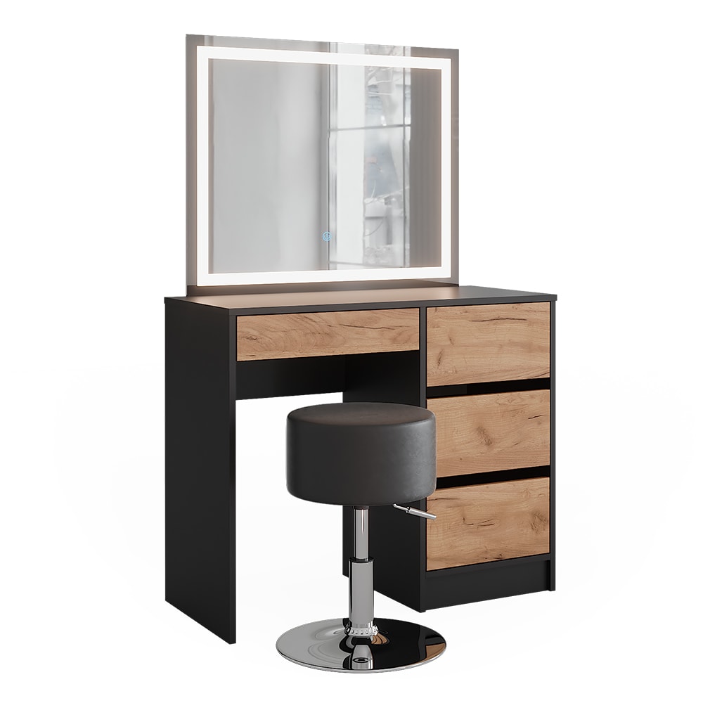Coiffeuse avec miroir led et tabouret anthracite/chêne doré 90x140cm Coiffeuse avec miroir led et tabouret anthracite/chêne doré 90x140cm