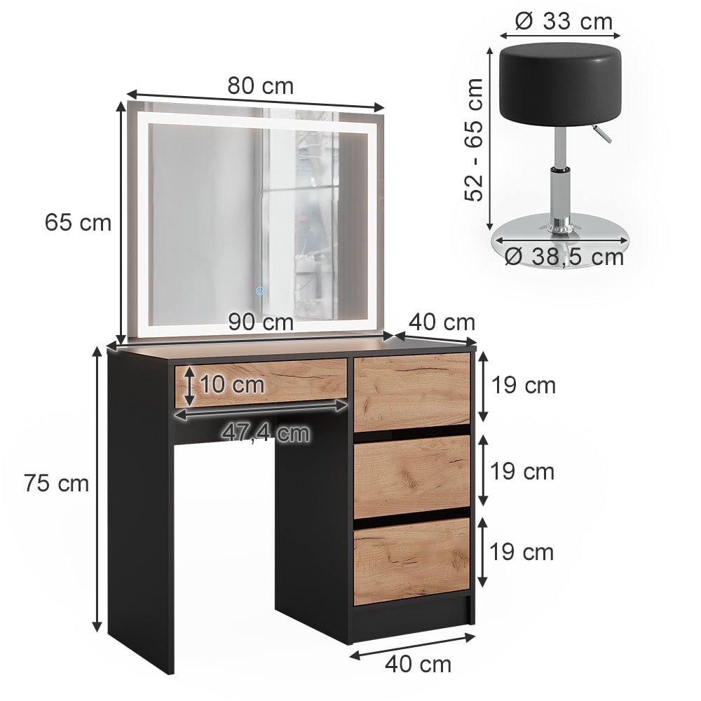 Schminktisch mit LED-Spiegel und Hocker, Anthrazit 90 x 75 cm -