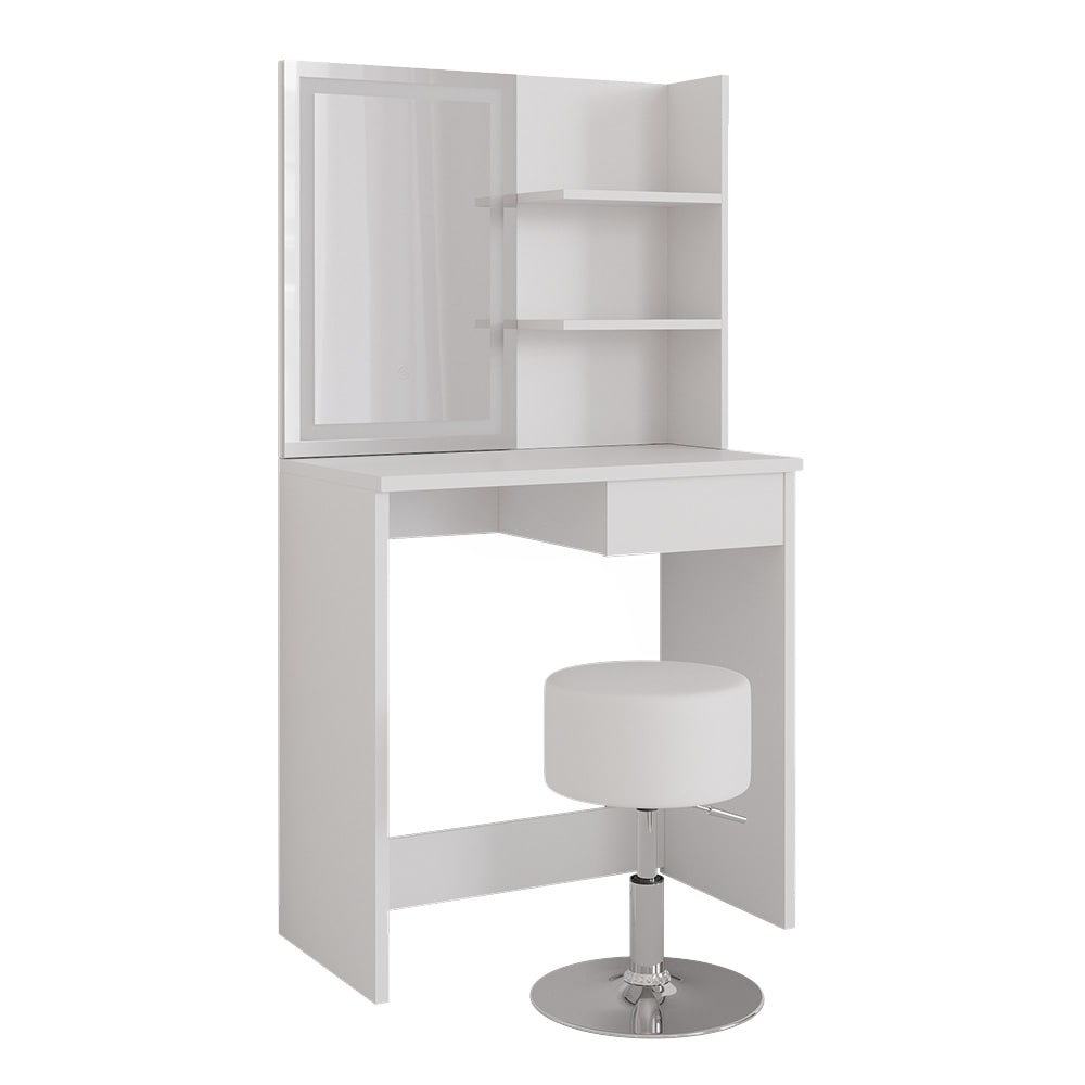 Coiffeuse avec miroir LED et tabouret, Blanc 75 x 141cm