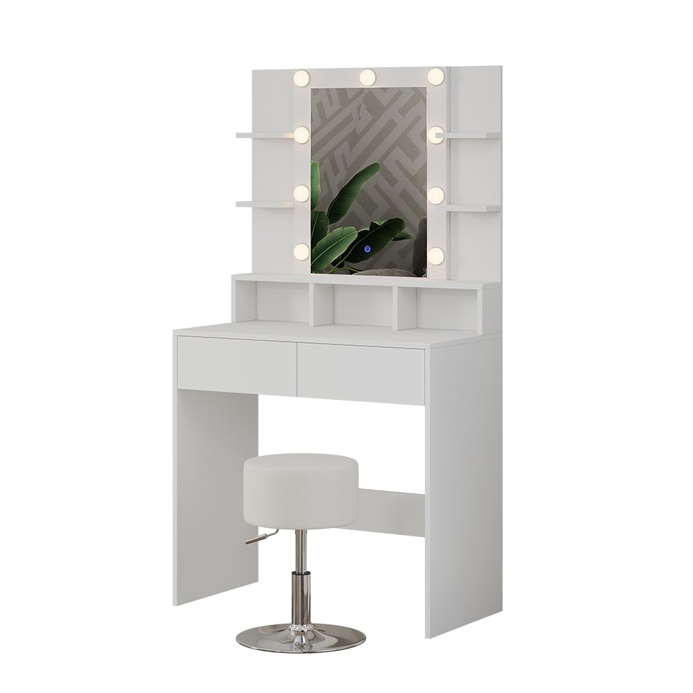 Vicco Schminktisch mit LED Beleuchtung und Hocker, Weiß 80 x 146.5cm style modern Weiß Spanplatte