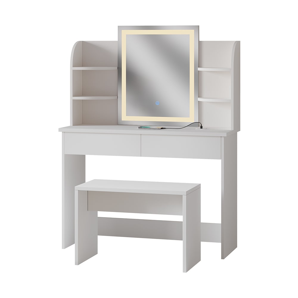 Coiffeuse avec miroir LED chargeur QI et banc Blanc 106x142cm