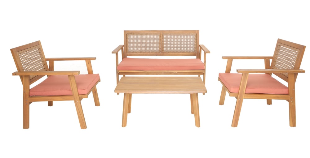 Salon de jardin en rotin et bois massif rose