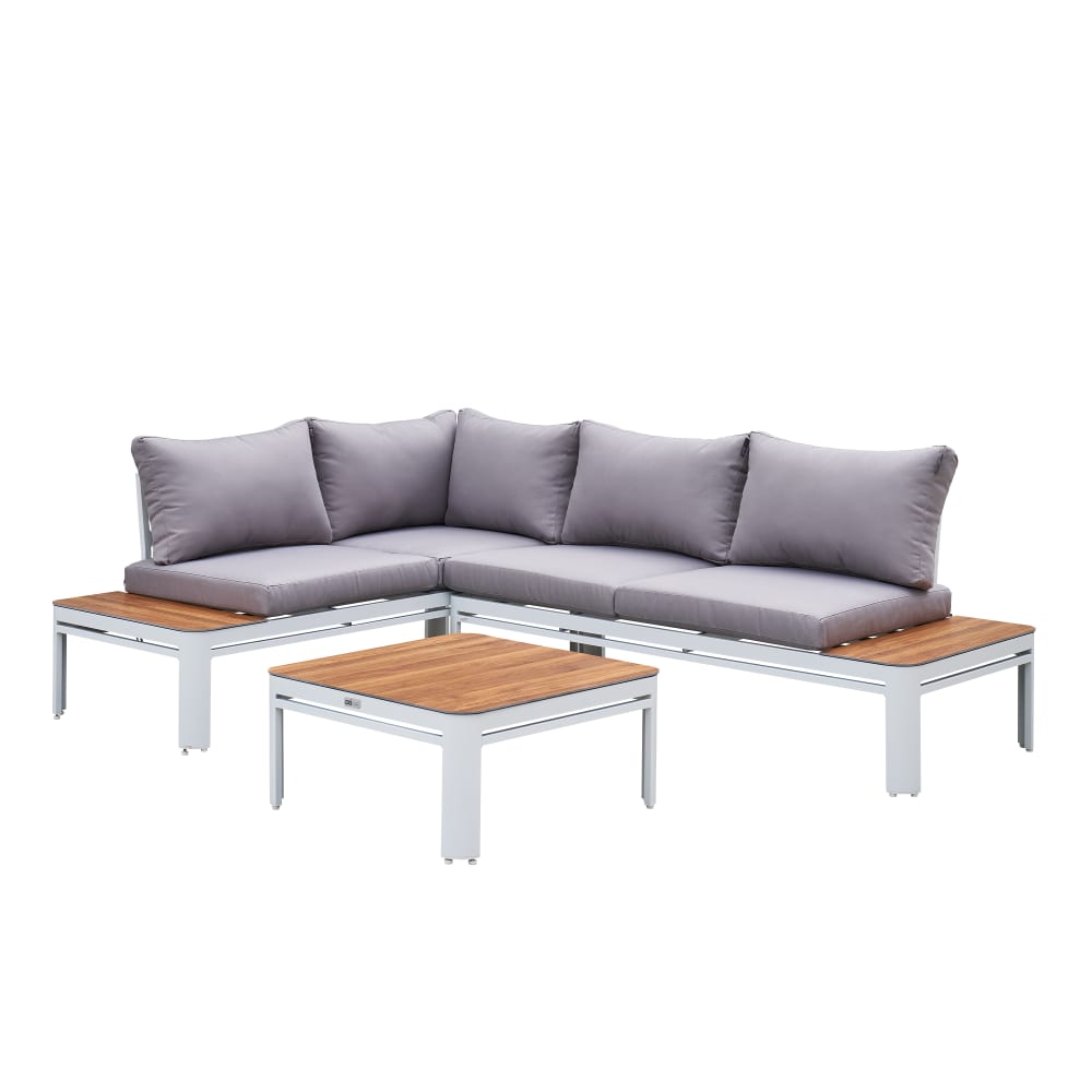 Ensemble de salon pour 4 personnes en aluminium, aspect bois, blanc
