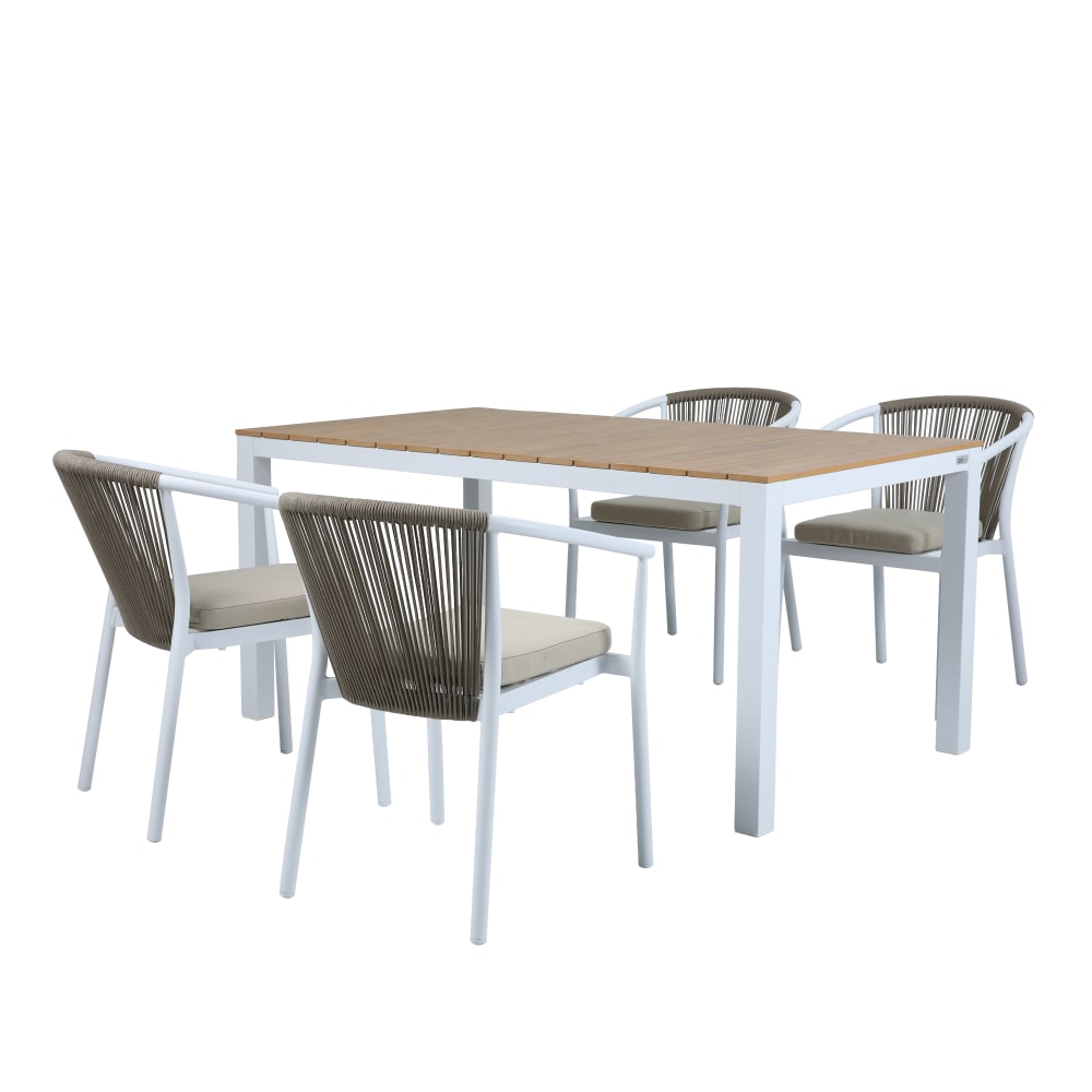 Ensemble de jardin, 4 chaises en aluminium et polywood, blanc/marron