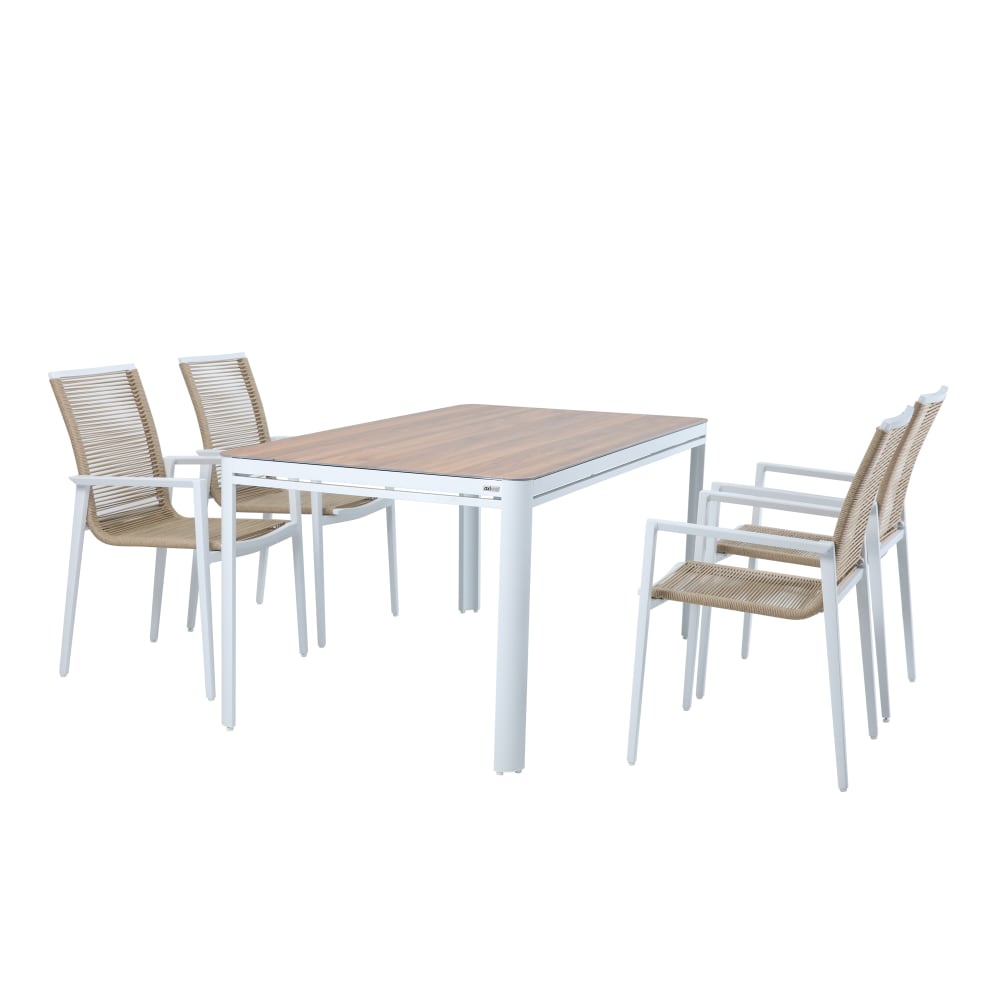 Salon de jardin, 4 chaises en aluminium, fibres de verre, blanc/marron