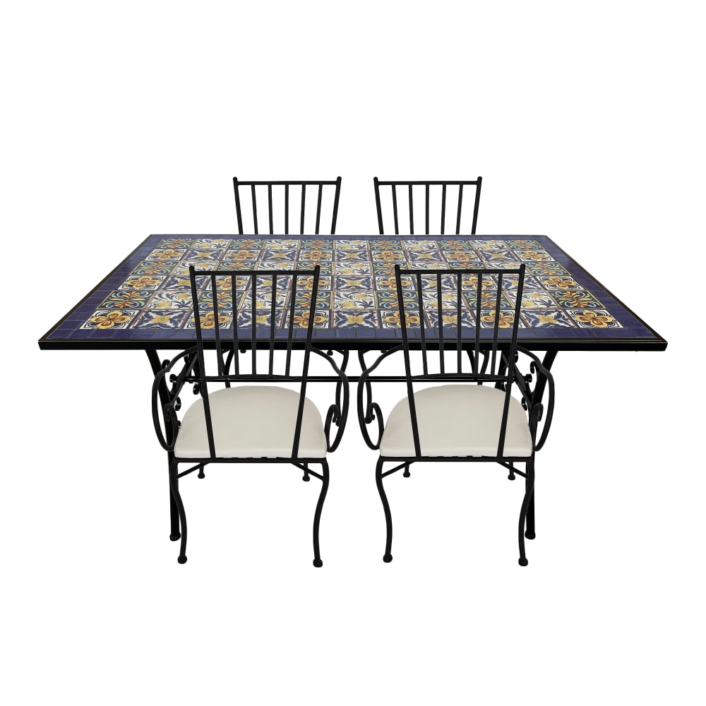Table bistrot, 4 chaises, mosaïque, bleu